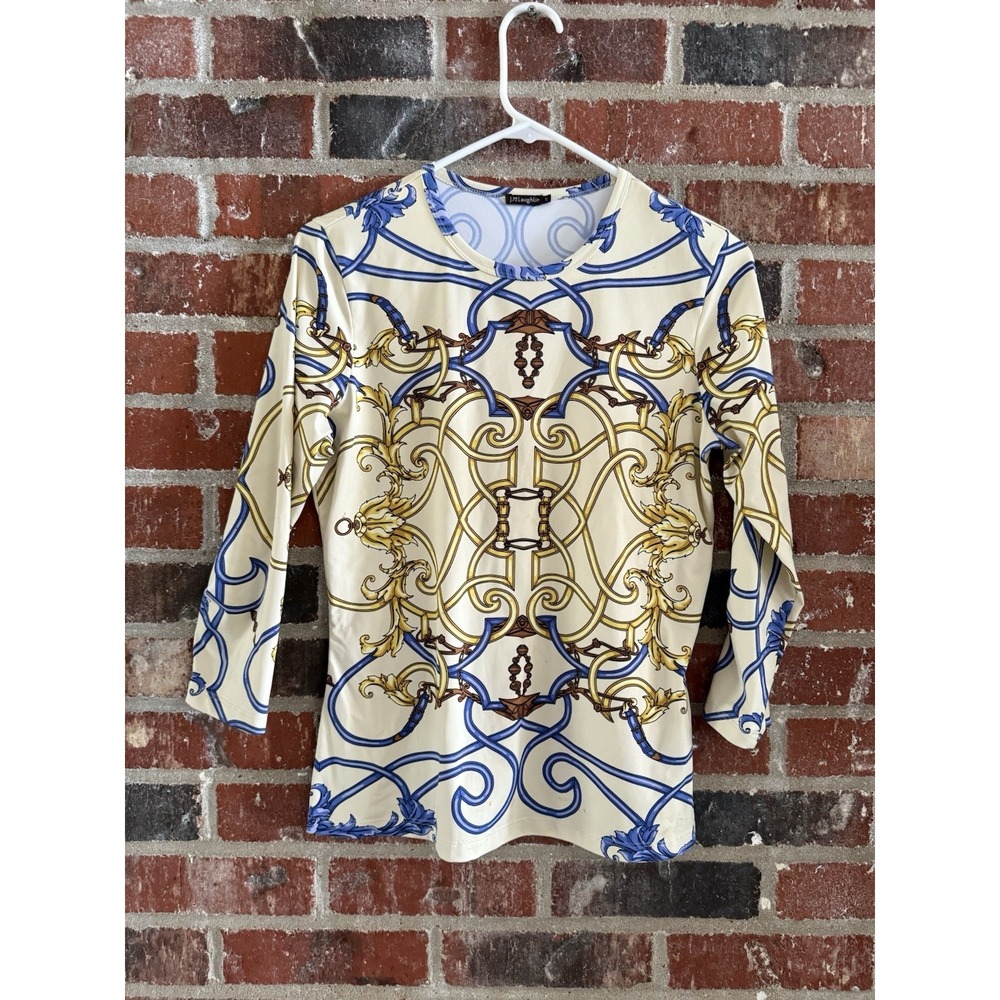 J McLaughlin • Signature Tee horse bit print chain link blue brown Catalina XS